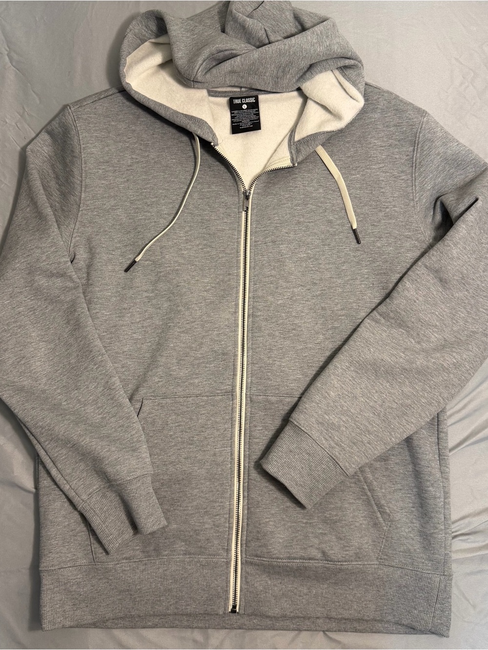 True Classic Zip-Up Hooded Sweatshirt - Light Gray, Like New, Men’s Large
